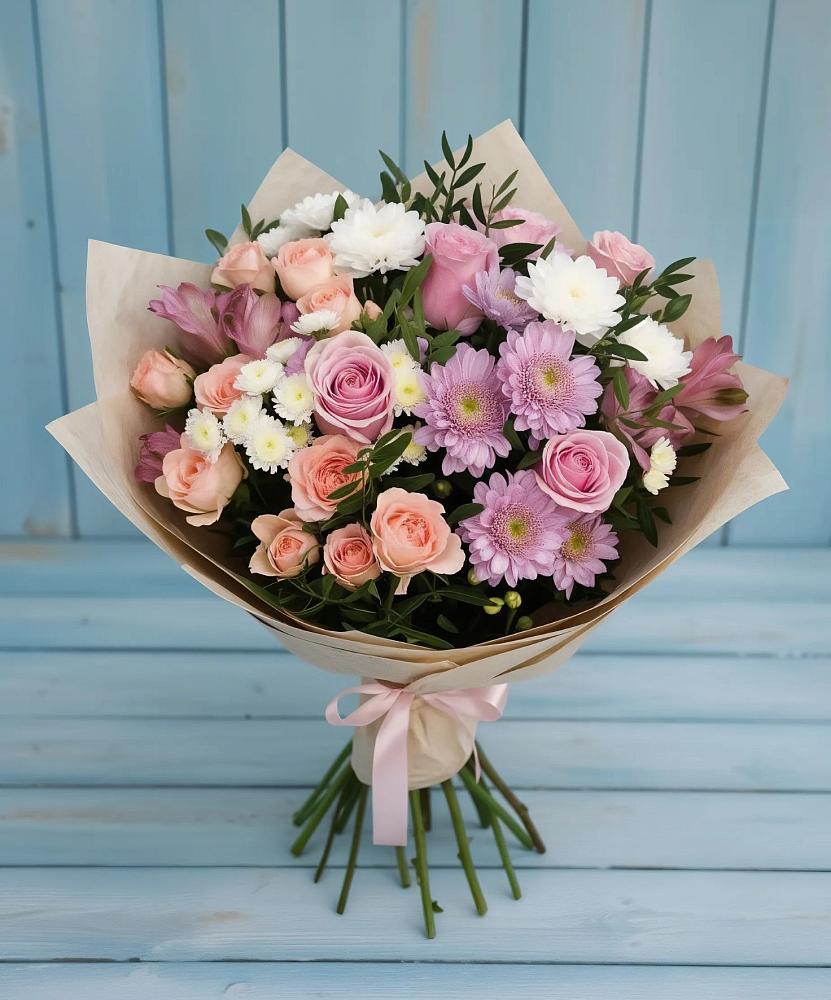 Букет цветов из: Хризантемы, Розы и Альстромерии в Кушнаренково