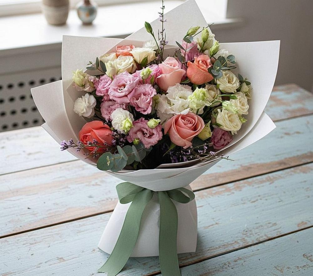 Букет цветов из: Розы, Лизиантусы и Гвоздики в Кушнаренково