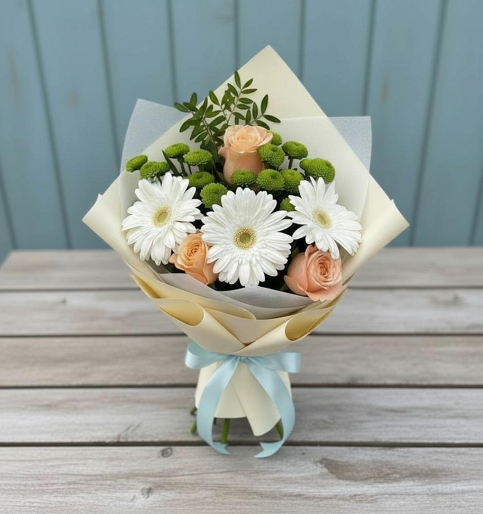Букет цветов из: Герберы, Розы и Хризантемы в Кушнаренково