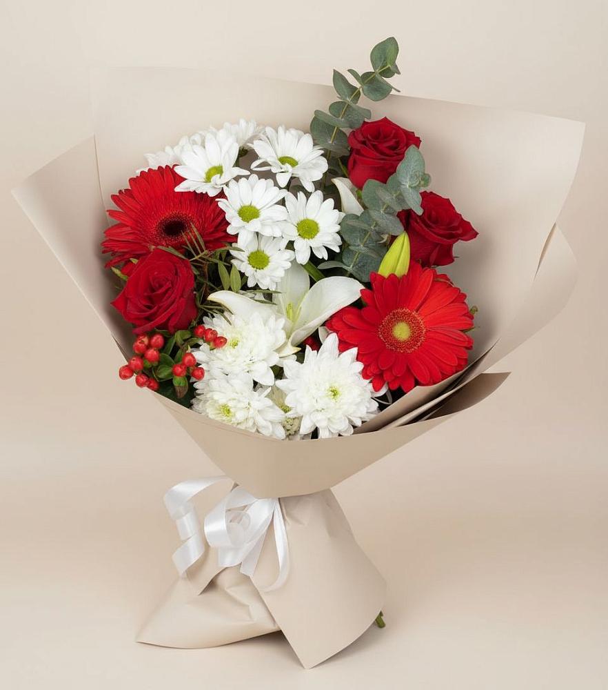 Букет цветов из: Розы, Хризантемы, Герберы и Лилии в Кушнаренково