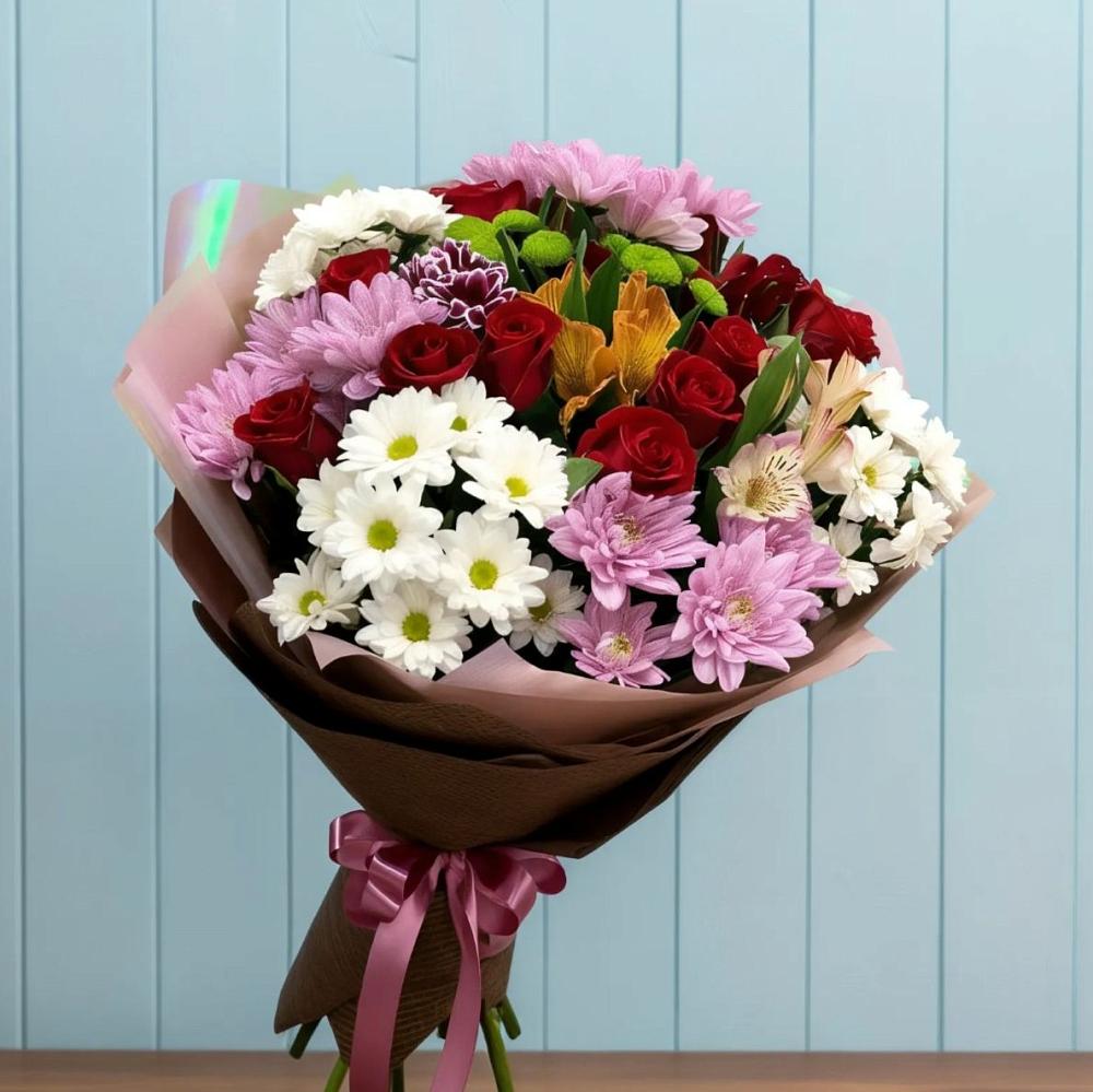 Букет цветов из: Розы, Хризантемы и Альстромерии в Кушнаренково