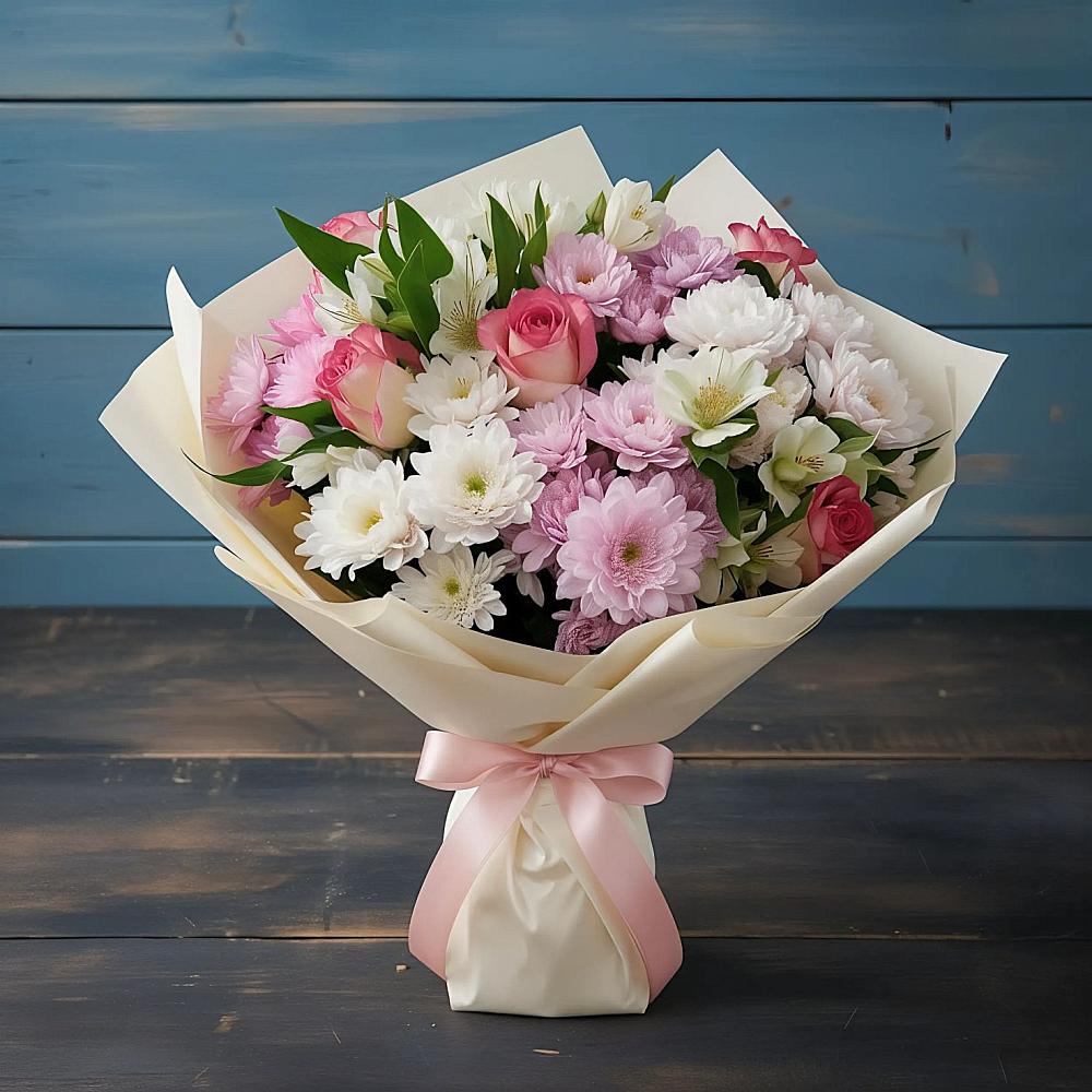 Букет цветов из: Хризантемы, Альстромерии и Розы в Кушнаренково